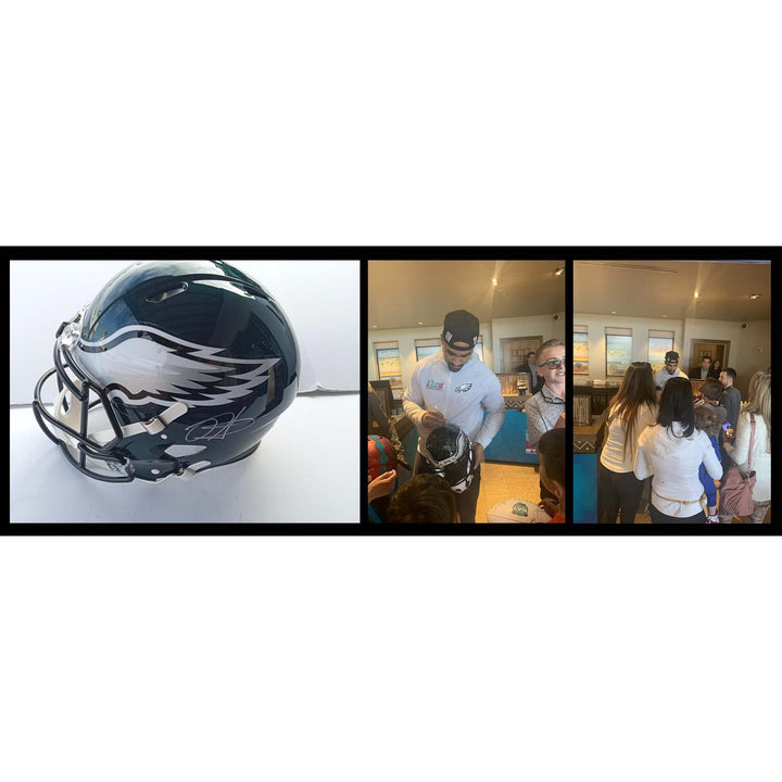 Philadelphia Eagles Jalen hurts Riedel speed authentic pro model helmet signed with proof and free acrylic display case