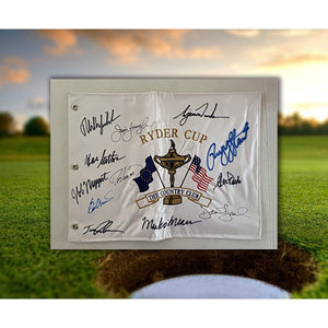 1999 Ryder Cup Flag Payne Stewart, Tiger Woods, Phil Mickelson signed with proof