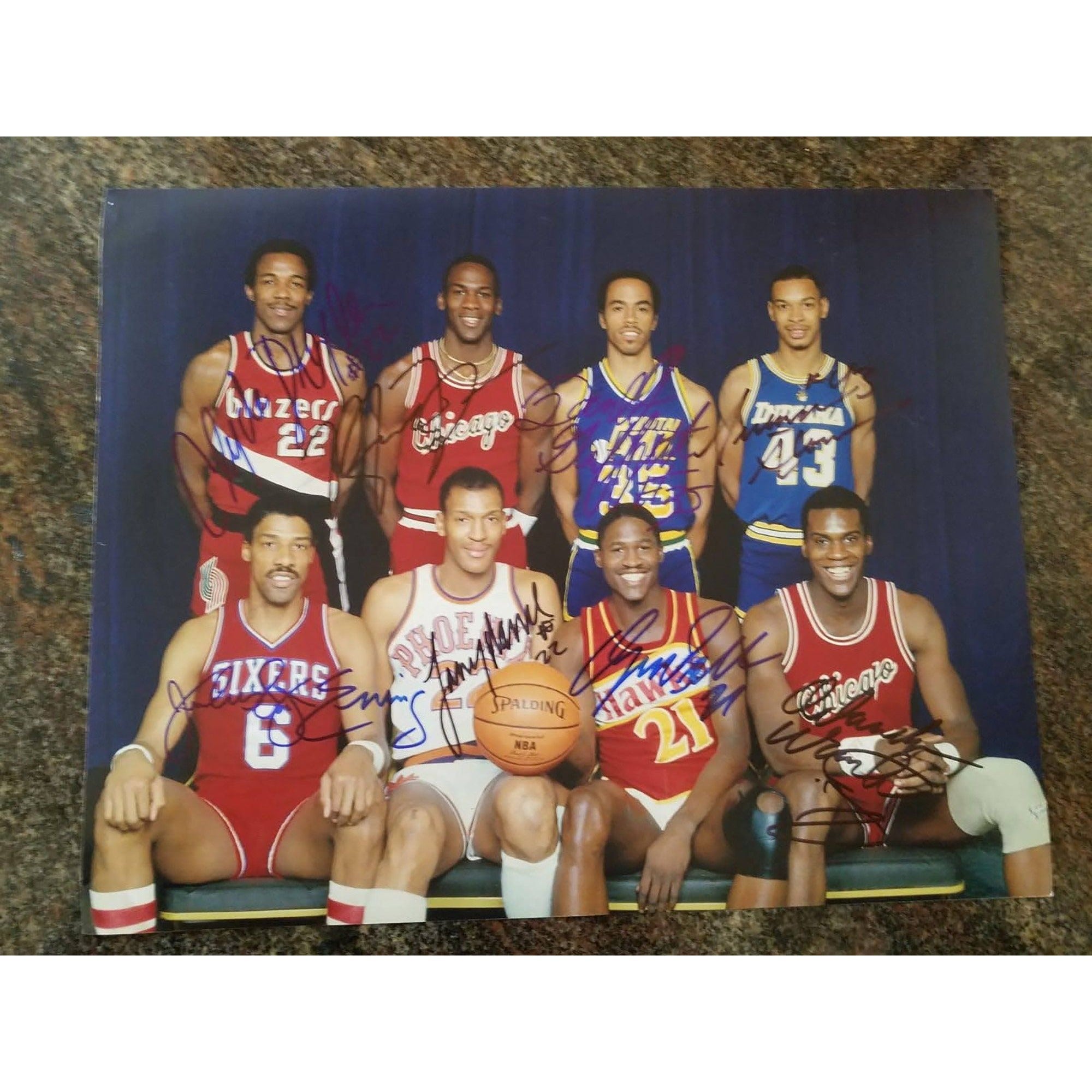 Michael Jordan, Julius Erving, Clyde Drexler 11 x 14 signed photo with proof