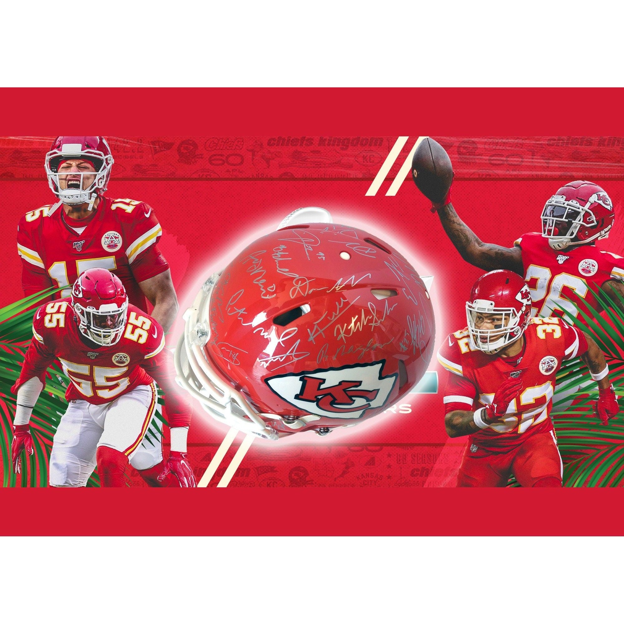 Patrick Mahomes, Travis Kelce, Kansas City Chiefs Super Bowl champions team sign speed Riddell helmet with proof