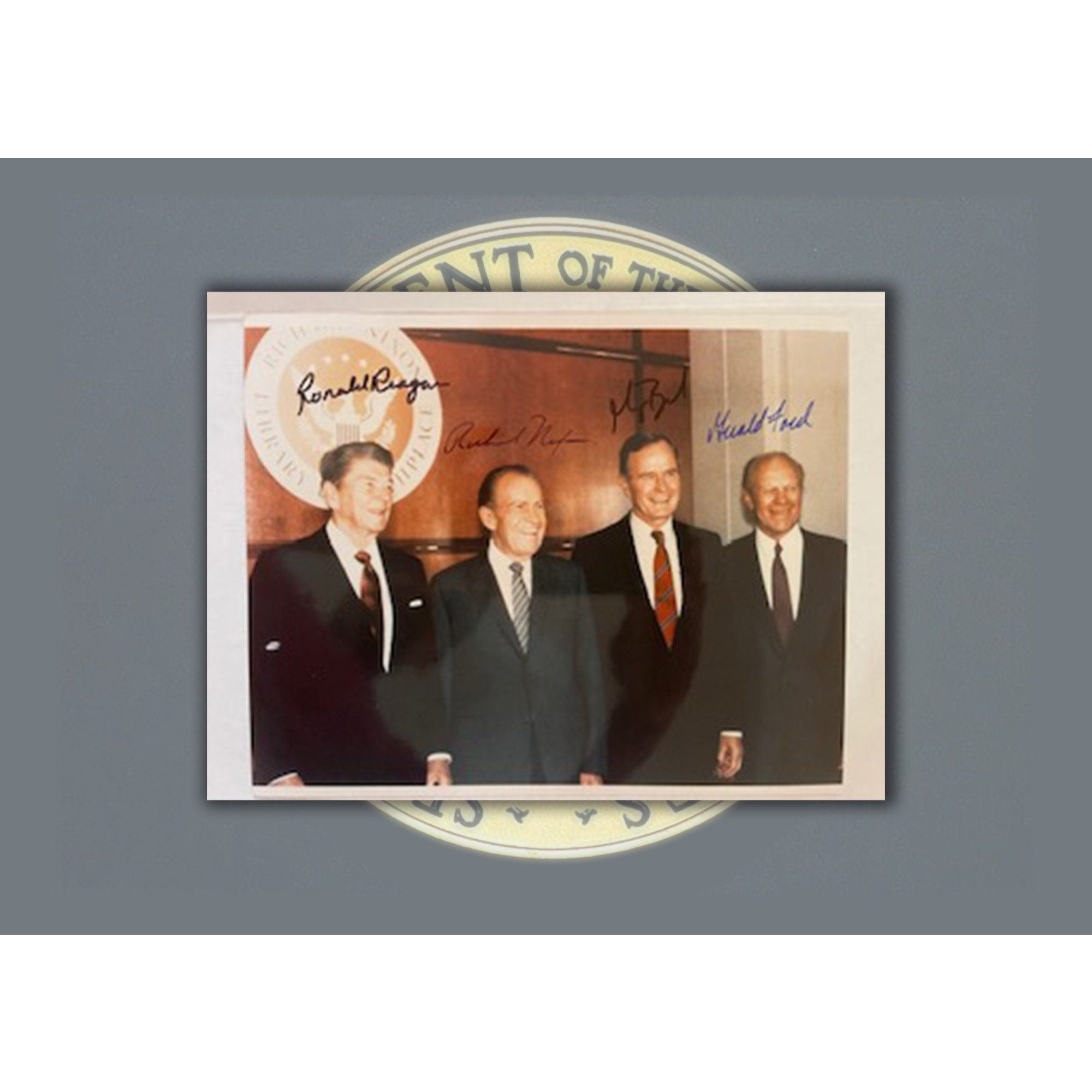 Richard Nixon, Ronald Reagan, George H Bush, Gerald Ford 8 x 10 signed photo with proof