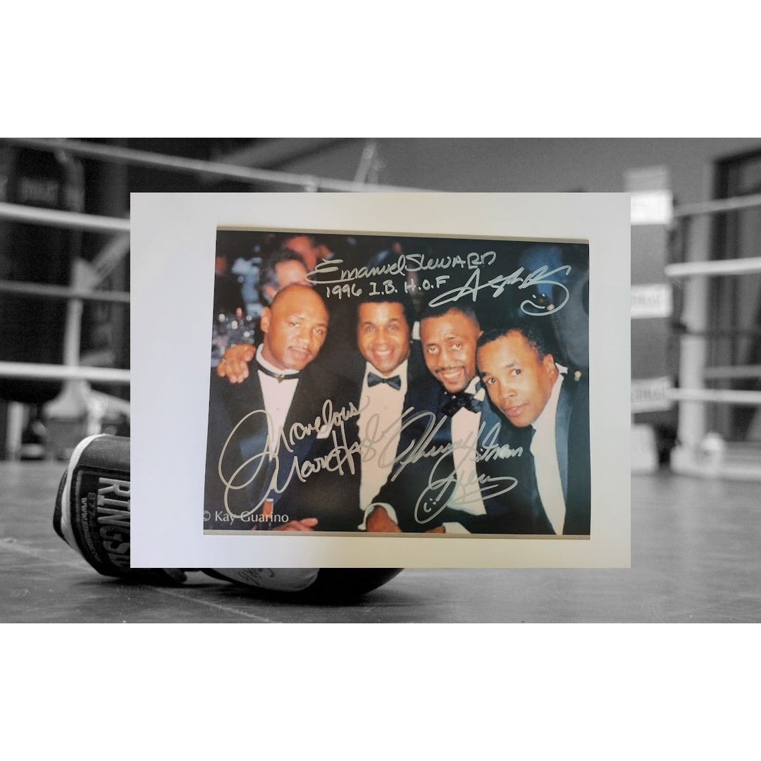 Thomas Hitman Hearns Marvelous Marvin Hagler Sugar Ray Leonard Emmanuel Stewart 8 x 10 photo sign with proof - Awesome Artifacts 