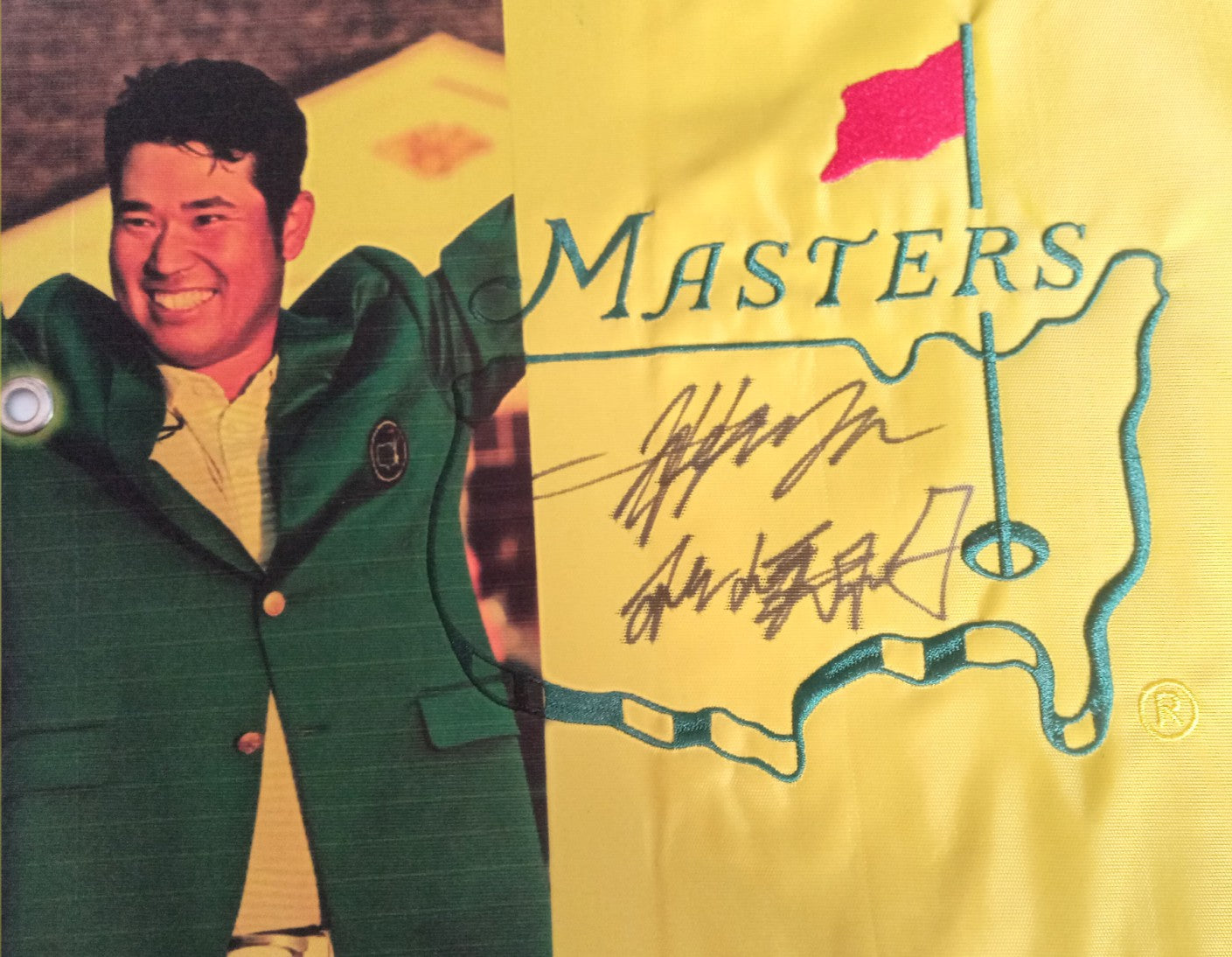 Hideki Matsuyama one-of-a-kind Masters embroidered masters golf pin flag signed with proof