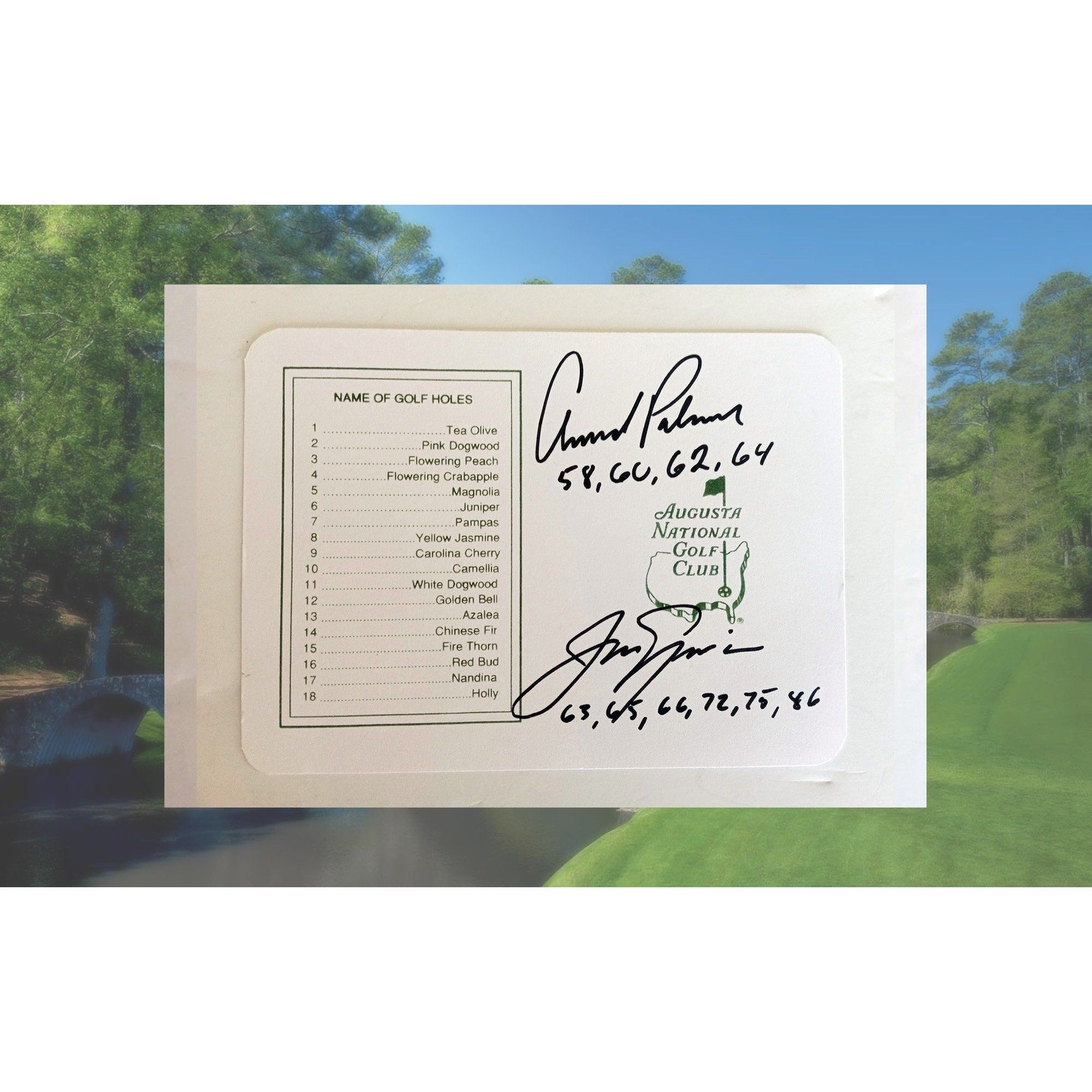 Jack Nicklaus and Arnold Palmer Masters inscribed and signed score card with proof