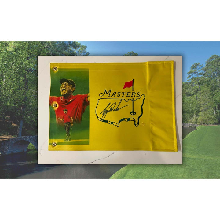 Tiger Woods portrait Masters one-of-a-kind flag signed with proof