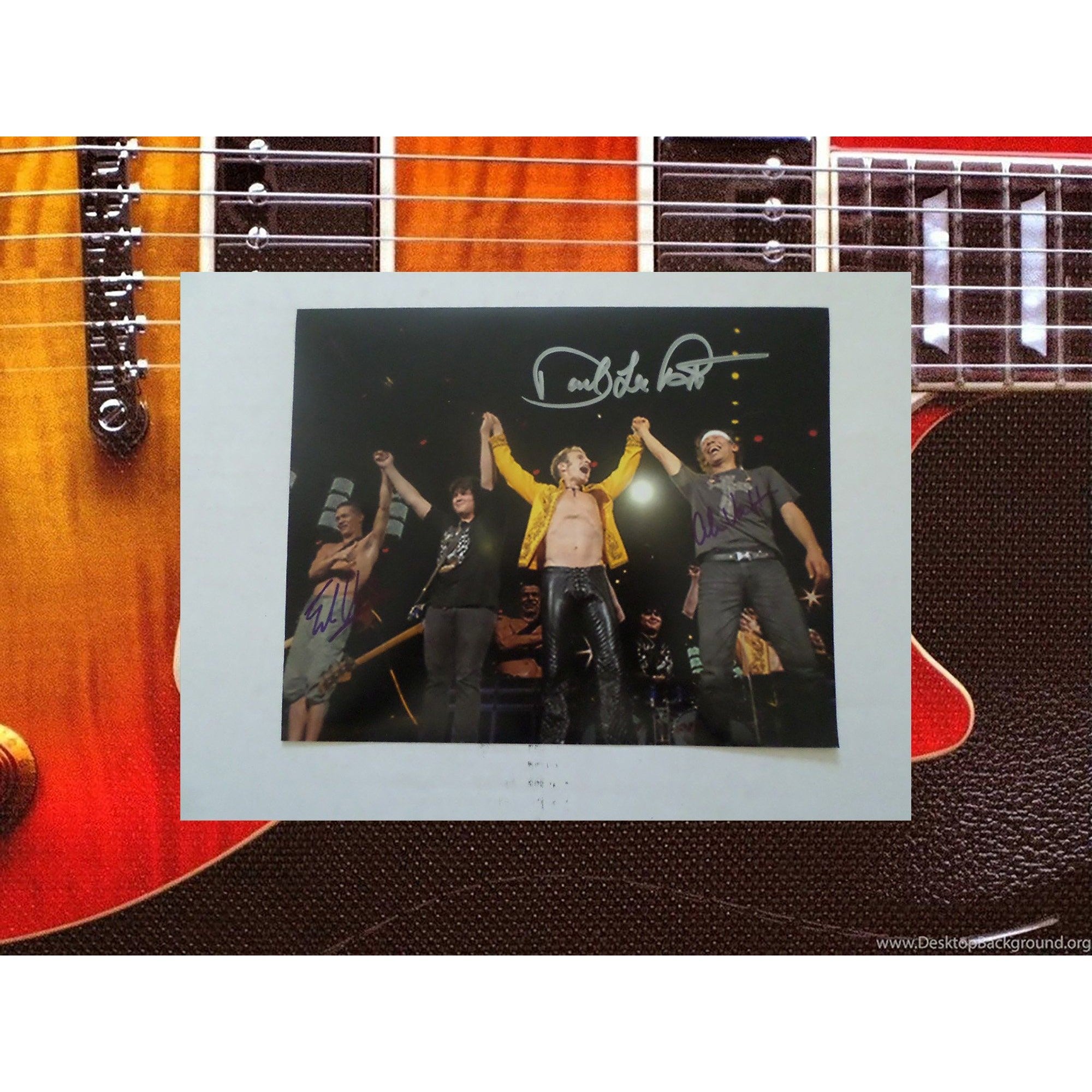 David Lee Roth, Eddie Van Halen, and Alex Van Halen 8 by 10 signed photo with proof