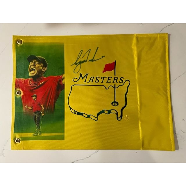 Tiger Woods portrait Masters one-of-a-kind flag signed with proof