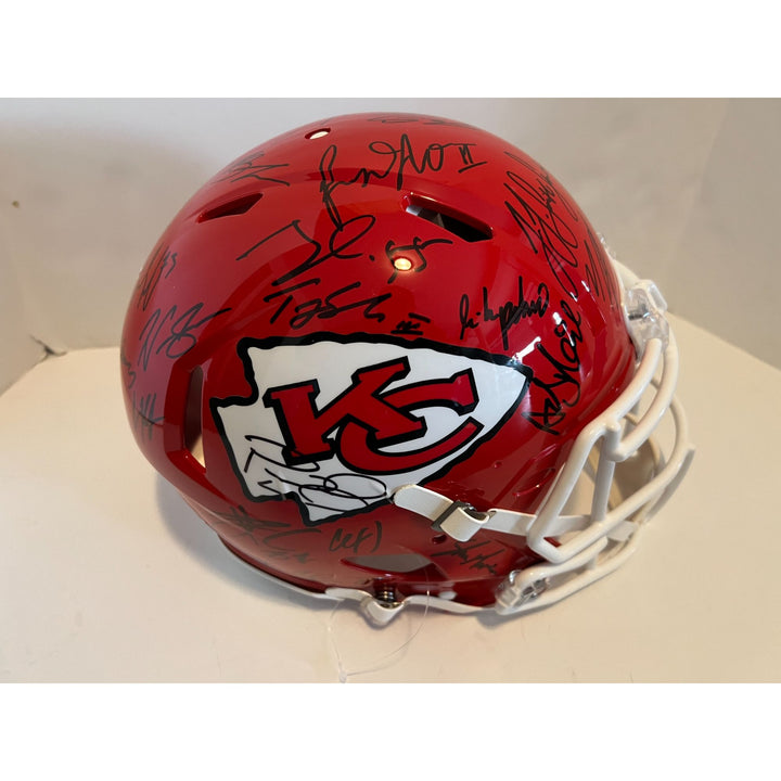 Patrick Mahomes Andy Reid Chris Jones 2022-23 Kansas City Chiefs AFC champions Speed pro model helmet signed with proof with free case