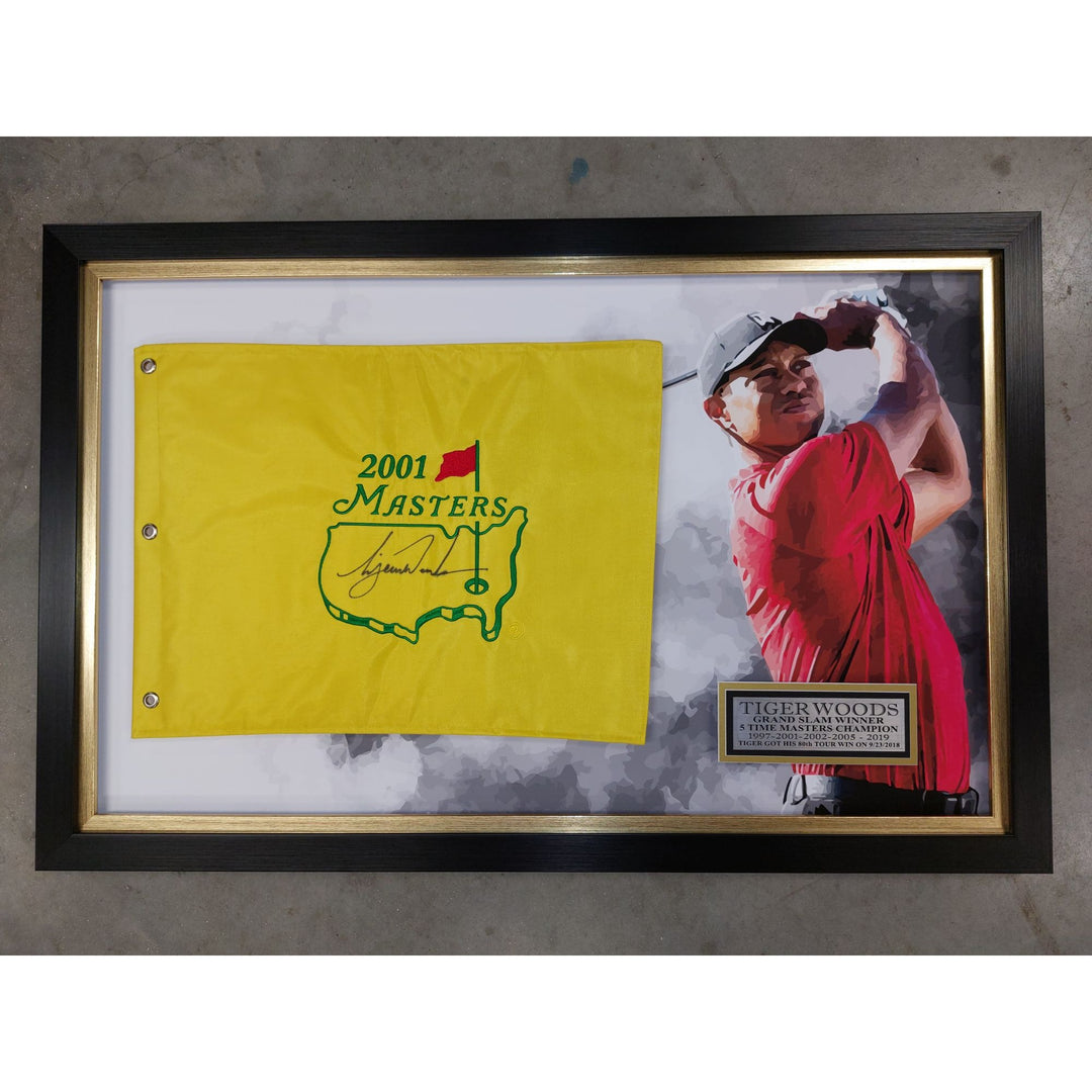 Tiger Woods 2001 Masters Golf Pin Flag signed and framed with proof