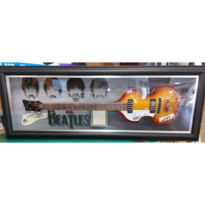 The Beatles Paul McCartney John Lennon George Harrison Ringo Starr signed and framed 20x53 guitar with proof