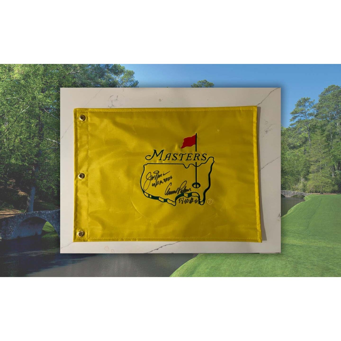 Arnold Palmer and Jack Nicklaus signed and inscribed Masters Golf pin flag with proof