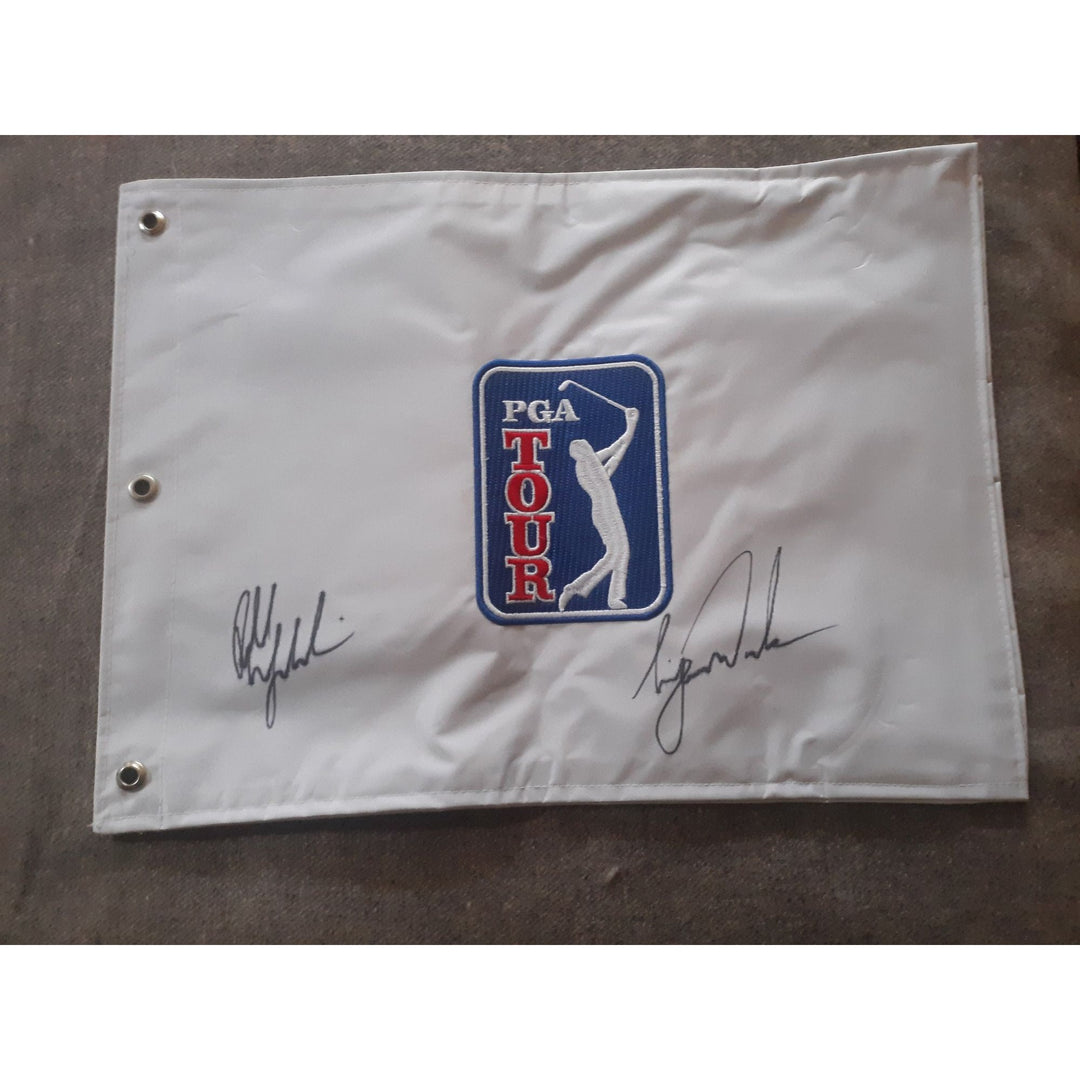 Tiger Woods, Phil Mickelson PGA golf pin flag signed with proof - Awesome Artifacts 