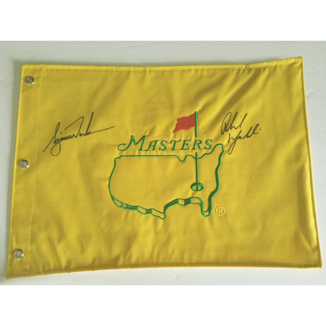 Tiger Woods and Phil Mickelson Masters golf flag signed with proof - Awesome Artifacts 