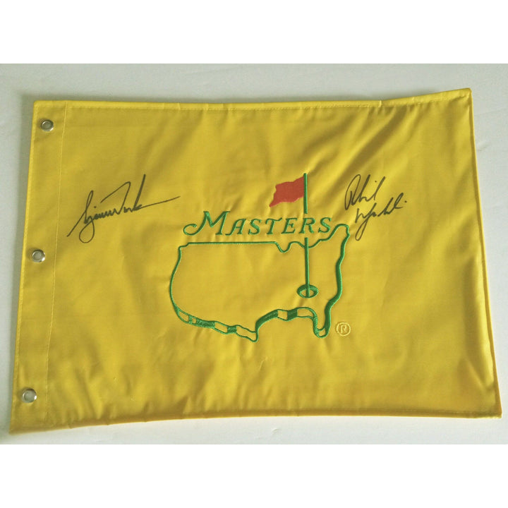 Tiger Woods and Phil Mickelson Masters golf flag signed with proof - Awesome Artifacts 