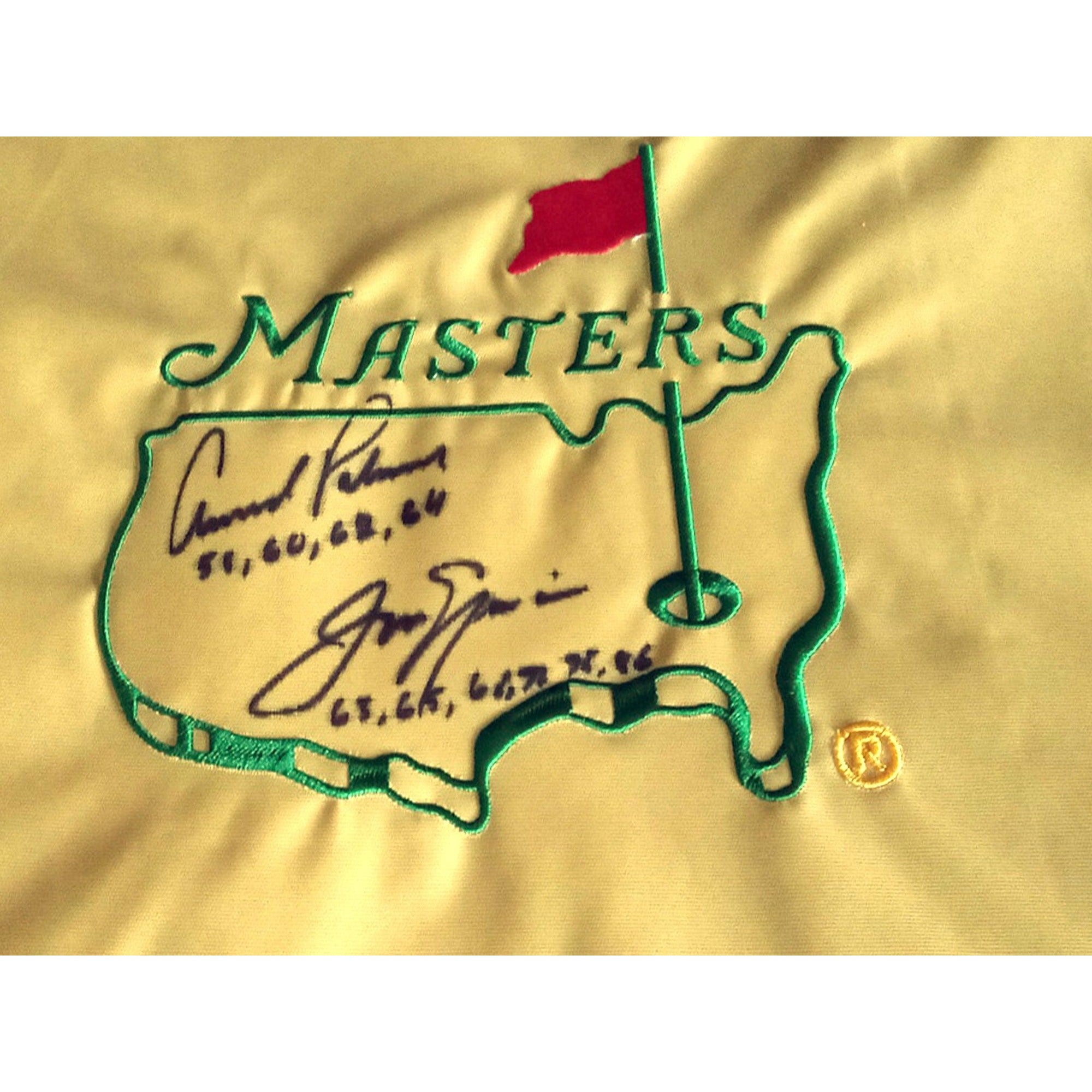 Jack Nicklaus and Arnold Palmer signed and inscribed Masters pin flag with proof