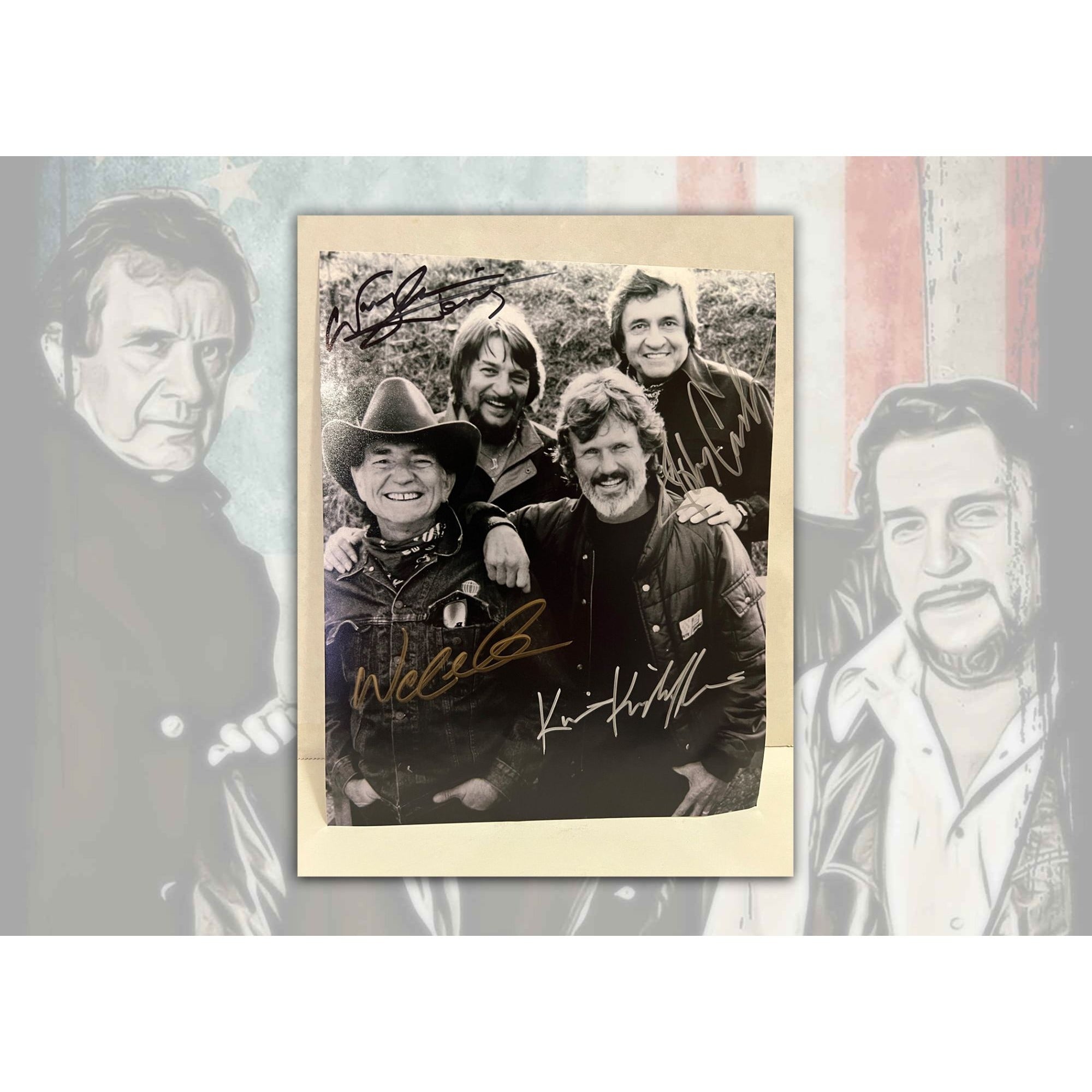 The Highwaymen Johnny Cas h, Waylon Jennings, Willie Nelson, Kris Kristofferson 8x10 photograph signed with proof