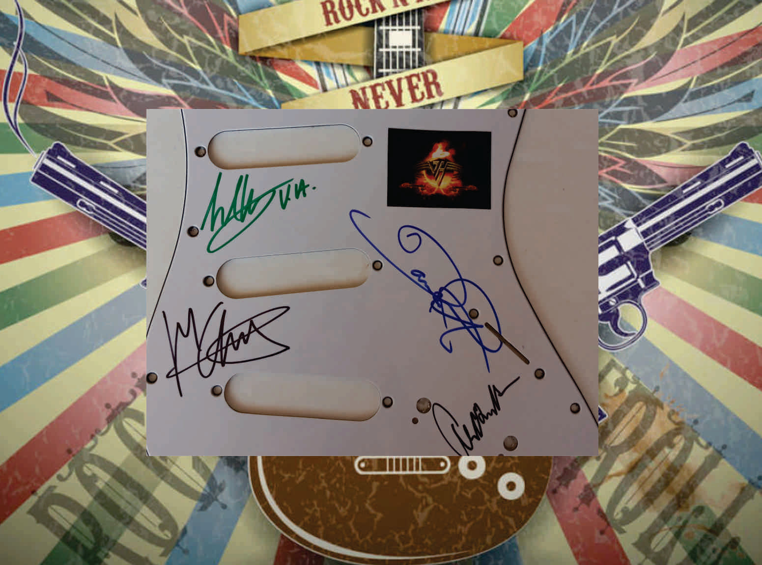 Eddie Van Halen, David Lee Roth, Michael Anthony, Allex Van Halen guitar pickguard signed with proof