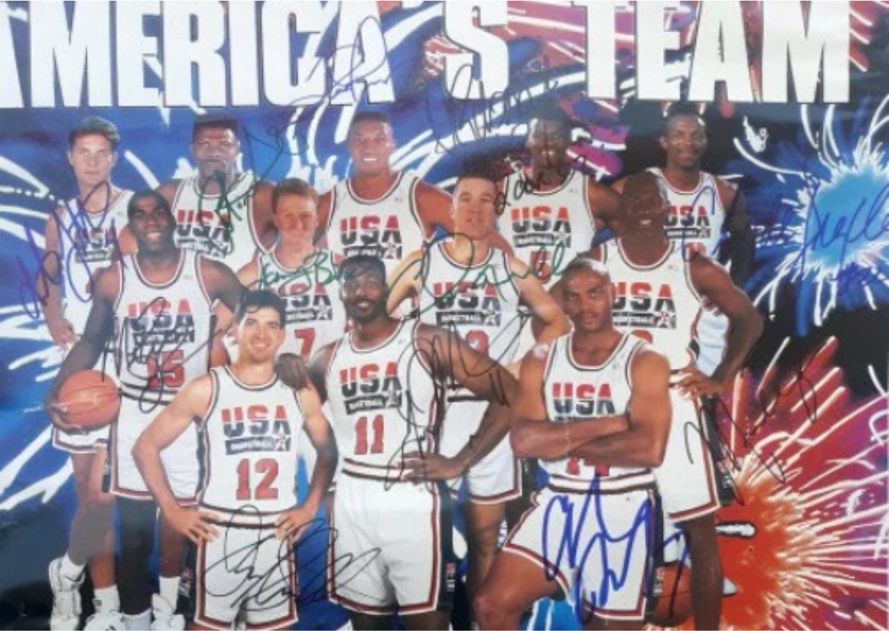 Larry Bird, Magic Johnson, Michael Jordan, Charles Barkley 1992 USA Dream Team 24x36 inches  poster signed with proof