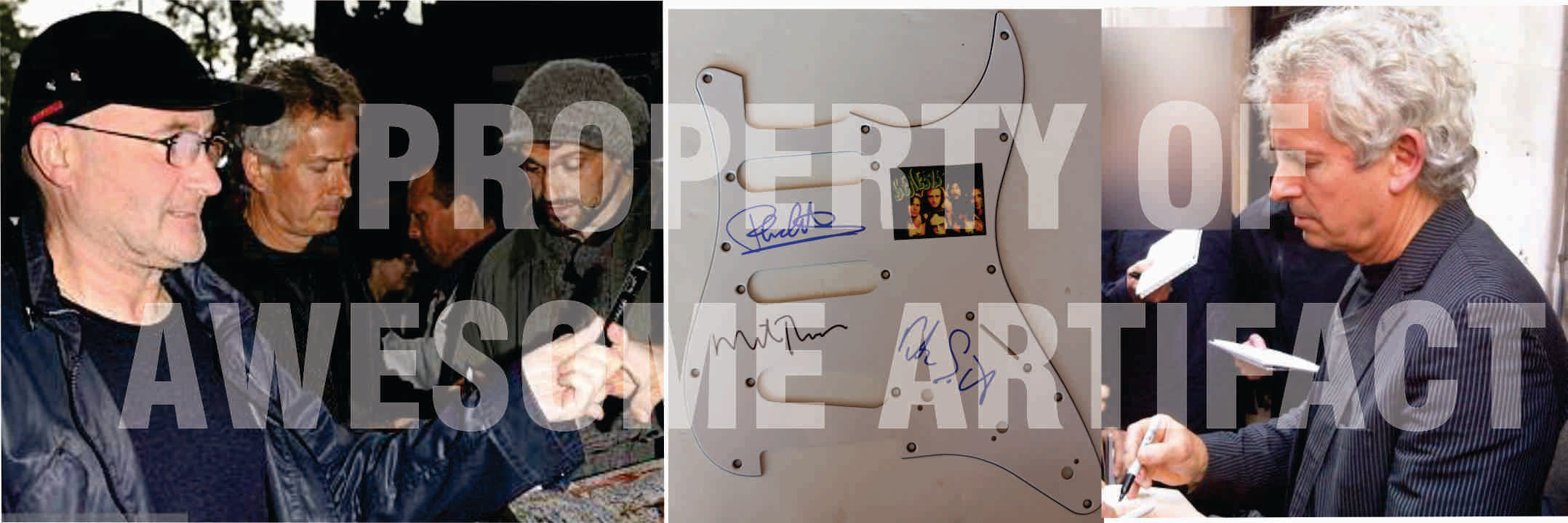 Genesis Peter Gabriel, Phil Collins, Tony Banks, and Mike Rutherford guitar pick guard signed with proof