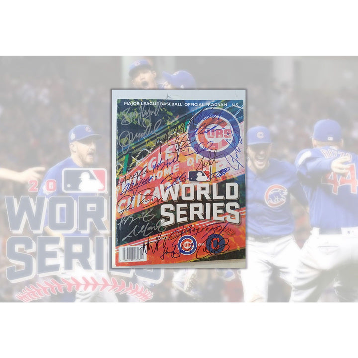 Chicago Cubs Ben Zobrist, Joe Maddon, Anthony Rizzo, World Series program signed with proof