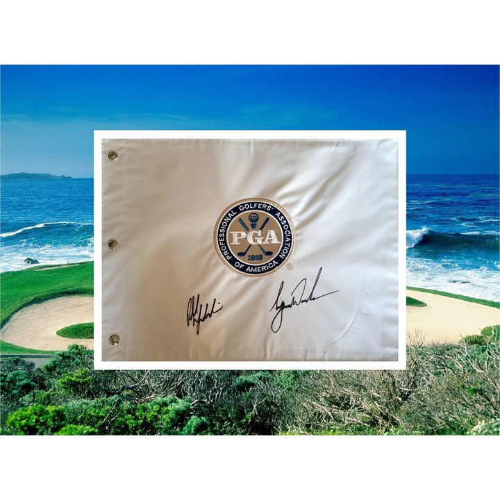 Phil Mickelson Tiger Woods PGA embroidered flag signed with proof - Awesome Artifacts 