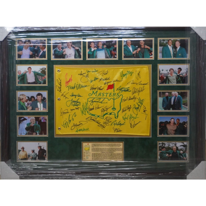 Tiger Woods, Jack Nicklaus, Sam Snead framed Masters champion signed golf flag with proof - Awesome Artifacts 