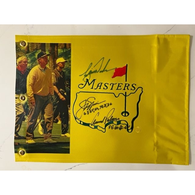 Tiger Woods Arnold Palmer Jack Nicklaus Masters one-of-a-kind golf flag signed with proof