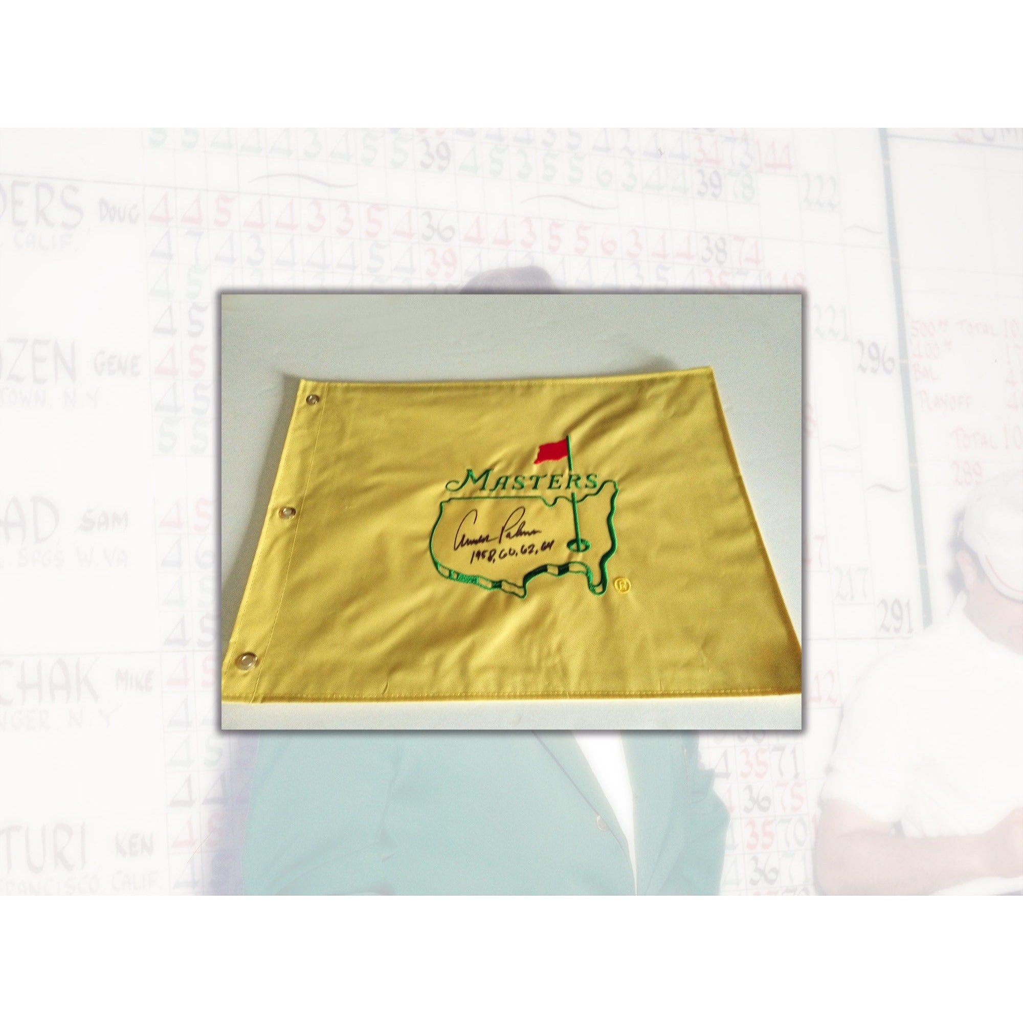 Arnold Palmer signed and inscribed Masters Golf flag with proof