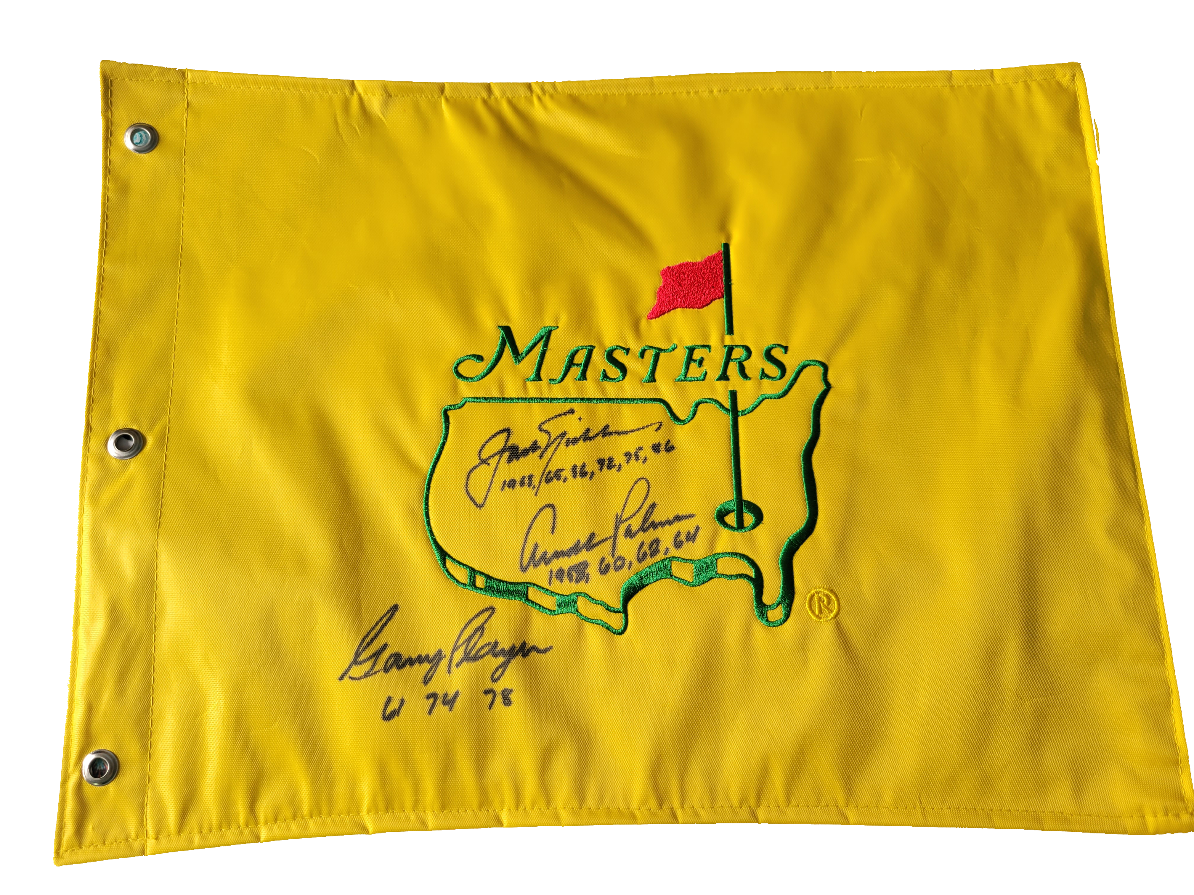 Jack Nicklaus, Arnold Palmer, Gary Player Masters Golf pin flag signed with proof