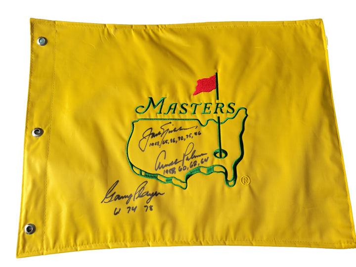 Jack Nicklaus, Arnold Palmer, Gary Player Masters Golf pin flag signed with proof