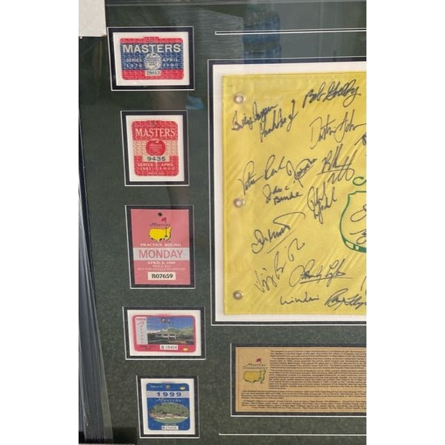 Masters Champions 35 in all with original Masters Tournament tickets signed Masters Flag and framed