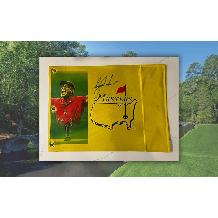 Tiger Woods portrait Masters one-of-a-kind flag signed with proof