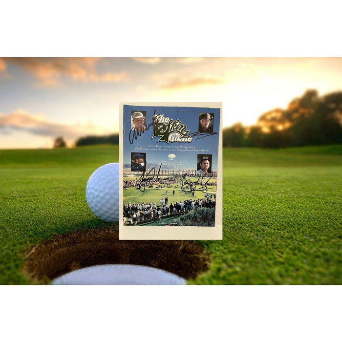 Tiger Woods, Greg Norman, Jesper Parnevik, Colin Montgomerie skins game program signed