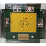 Load image into Gallery viewer, Jack Nicklaus signed and and inscribed with his six Masters championships Master&#39;s flag framed with proof
