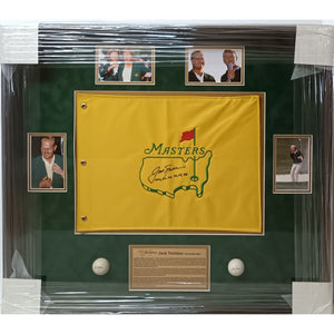 Jack Nicklaus signed and and inscribed with his six Masters championships Master's flag framed with proof