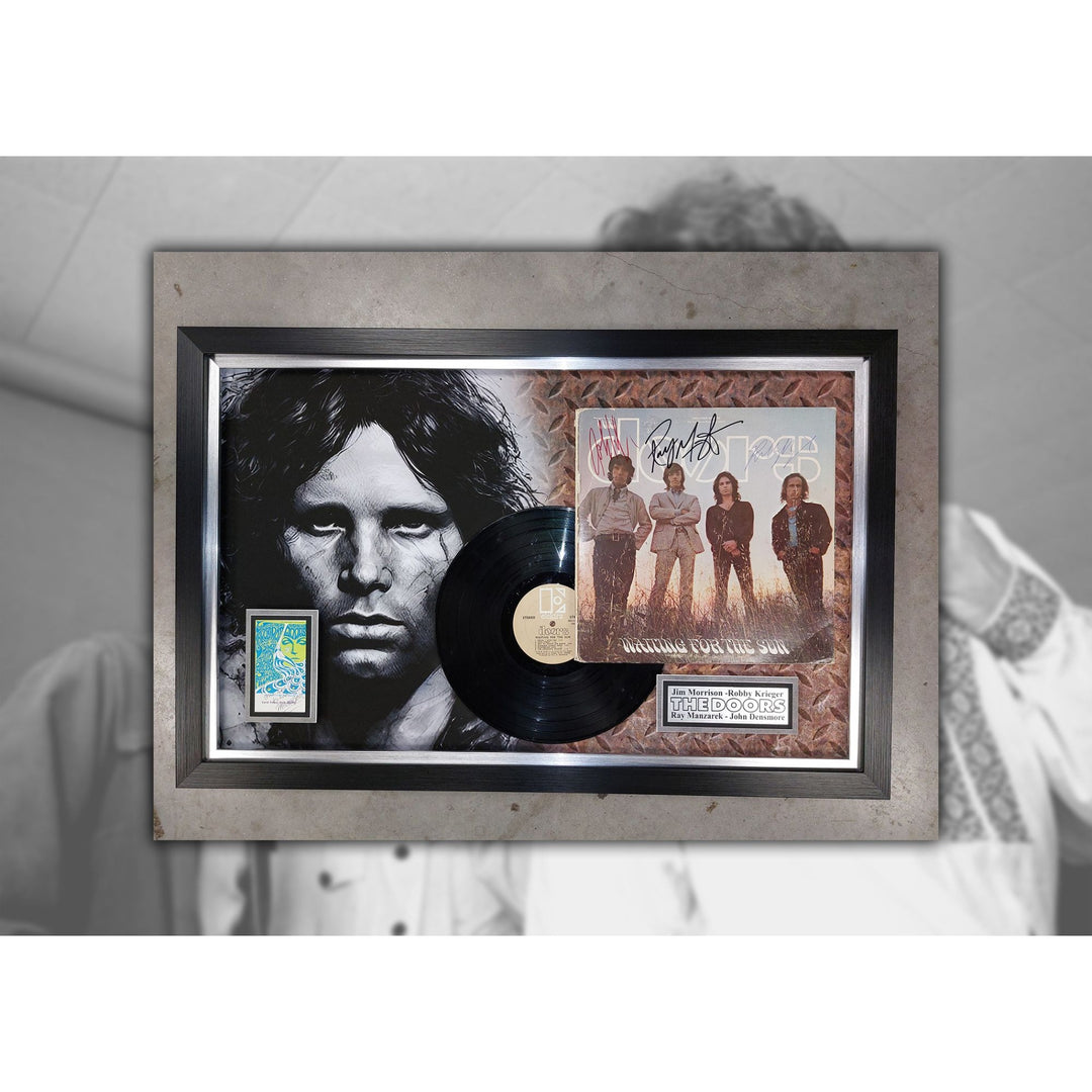 Jim Morrison, Ray Manzarek, Robby Krieger, John Densmore, The Doors signed and framed 22x34LP & original ticket