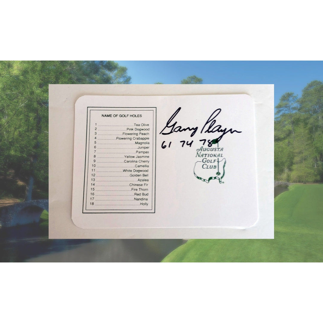 Gary Player inscribed and signed Masters Golf scorecard with proof