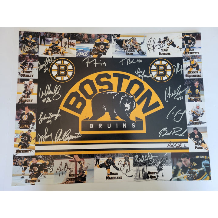 Boston Bruins Phil Esposito Gerry Cheevers Brad Marchand card Bobby Orr Brad Park Ray Bourque 19 all-time greats 16 x 20 photo signed