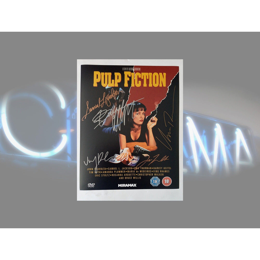 Pulp Fiction 11 by 14 photo Uma Thurman, John Travolta, Bruce Willis, Ving Rhame,s Samuel L. Jackson signed with proof - Awesome Artifacts 