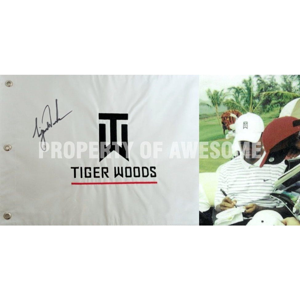 Tiger Woods embroidered Tiger logo statistic flag signed with proof - Awesome Artifacts 