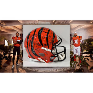 Joe Burrow, Jamarr Chase, Cincinnati Bengals 2021-22 Speed Pro model helmet team signed with proof & free case