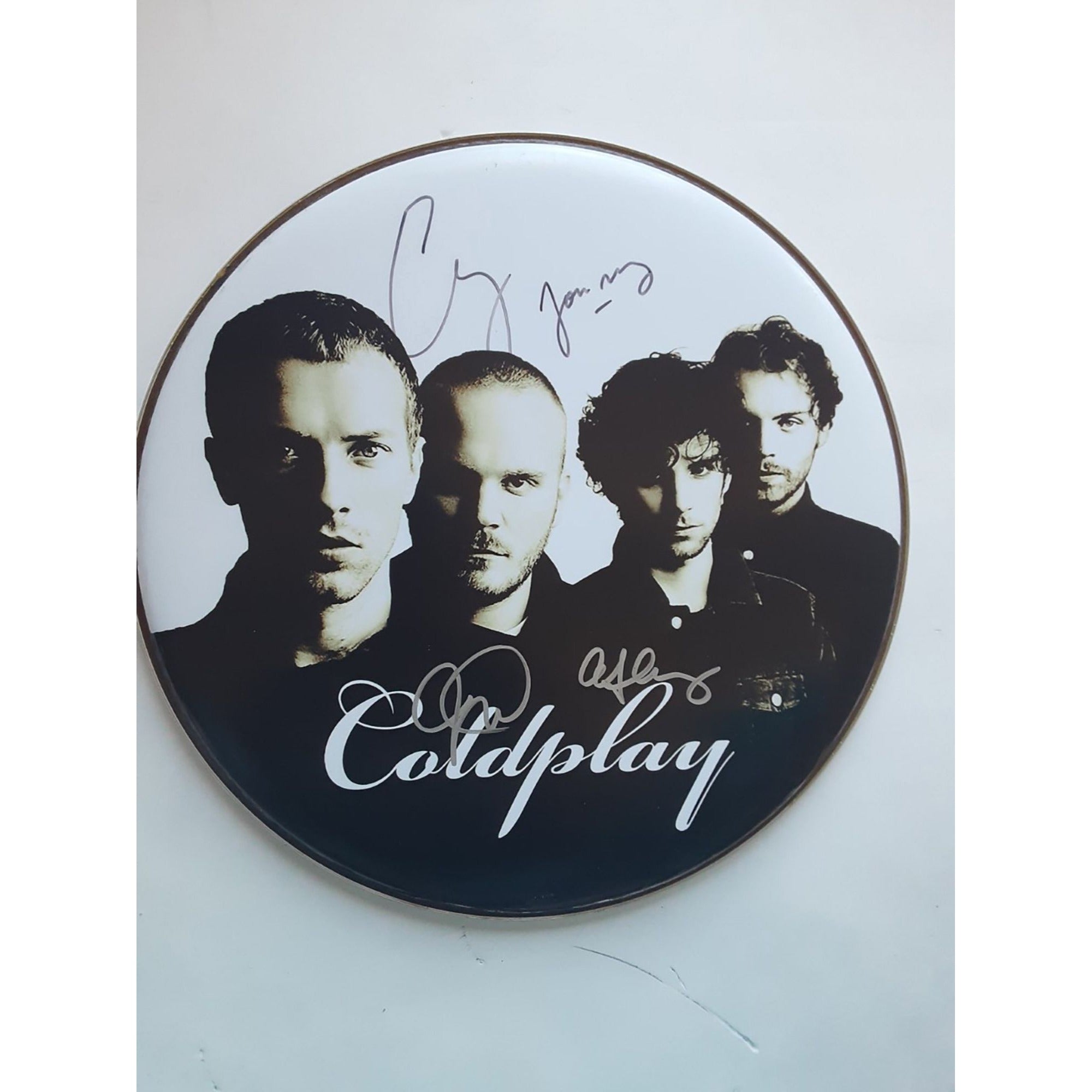 Chris Martin and Coldplay 14in drumhead signed with proof