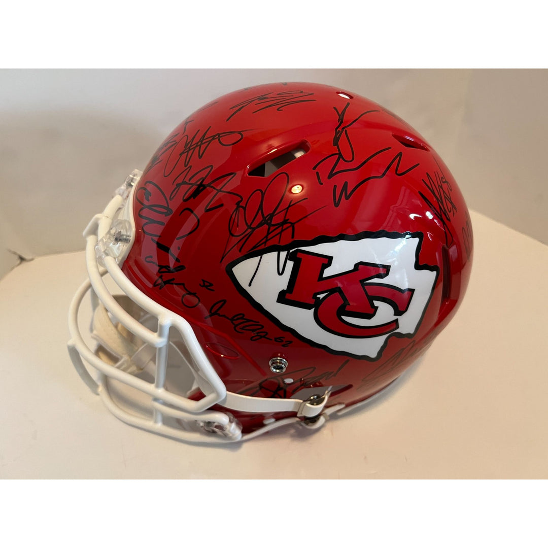 Patrick Mahomes Andy Reid Chris Jones 2022-23 Kansas City Chiefs AFC champions Speed pro model helmet signed with proof with free case