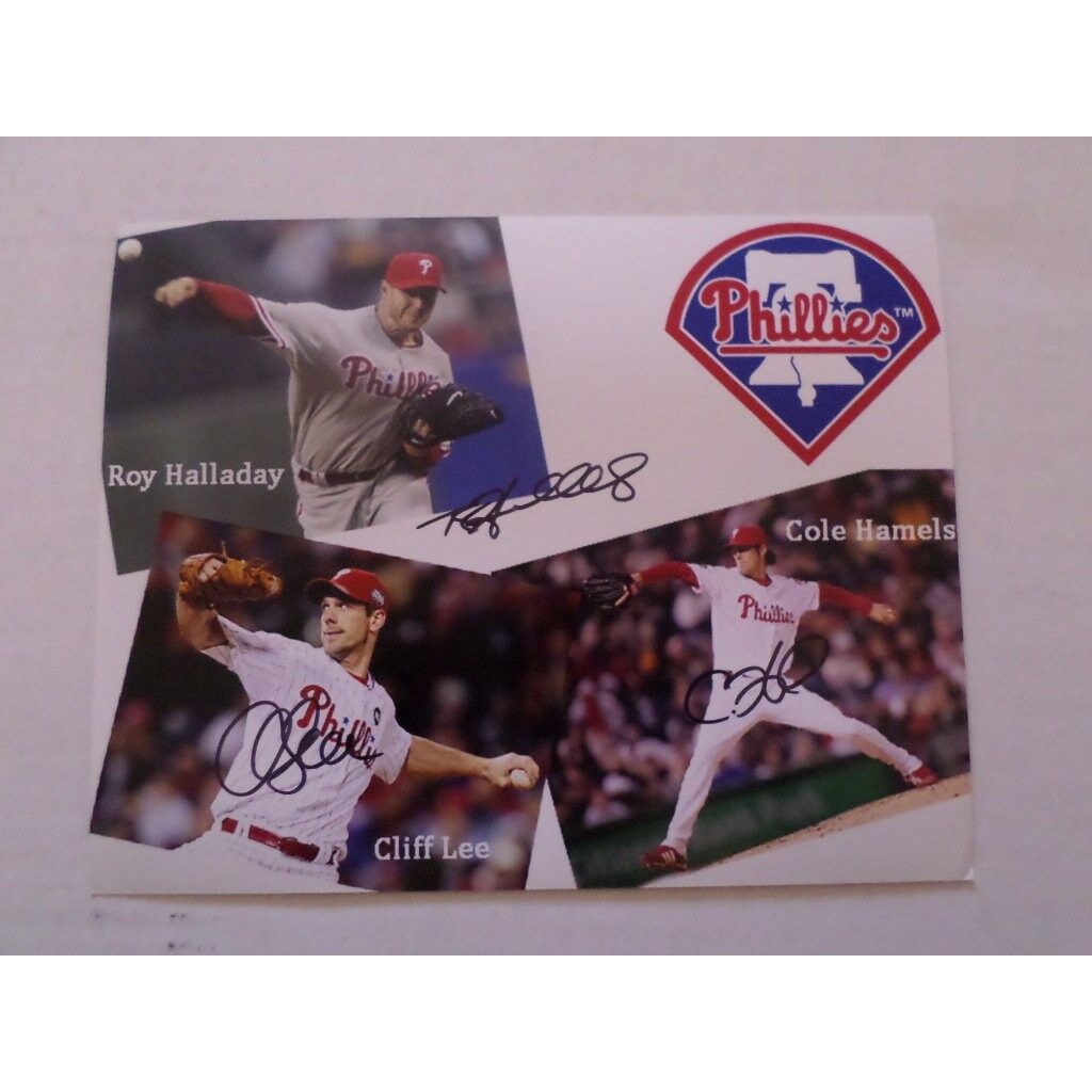 Roy Halladay Cole Hamels and Cliff Lee 8 by 10 signed photo