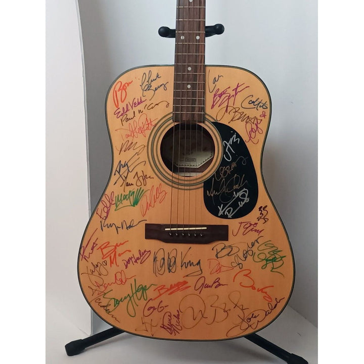 Music Icons Michael Jackson, Paul McCartney, Mick Jagger, Madonna, Bruce Springsteen signed & framed guitar (18x45) with proof