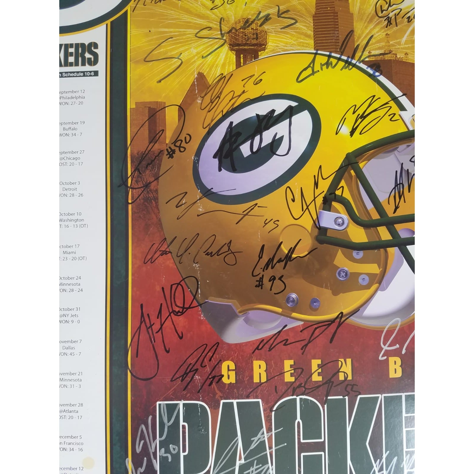 Aaron Rodgers Green Bay Packers 2009-10 Super Bowl champions team signed poster signed with proof
