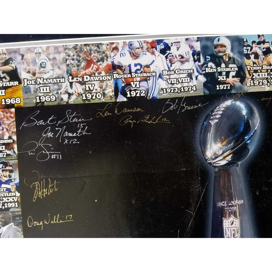 Super Bowl NFL Bart Starr, Joe Namath, Len Dawson 29 Super Bowl winning quarterbacks signed poster with proof