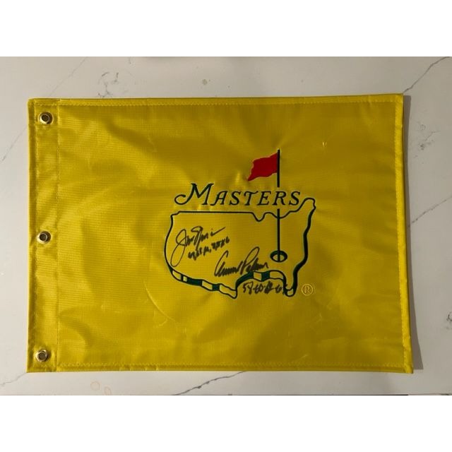 Arnold Palmer and Jack Nicklaus signed and inscribed Masters Golf pin flag with proof