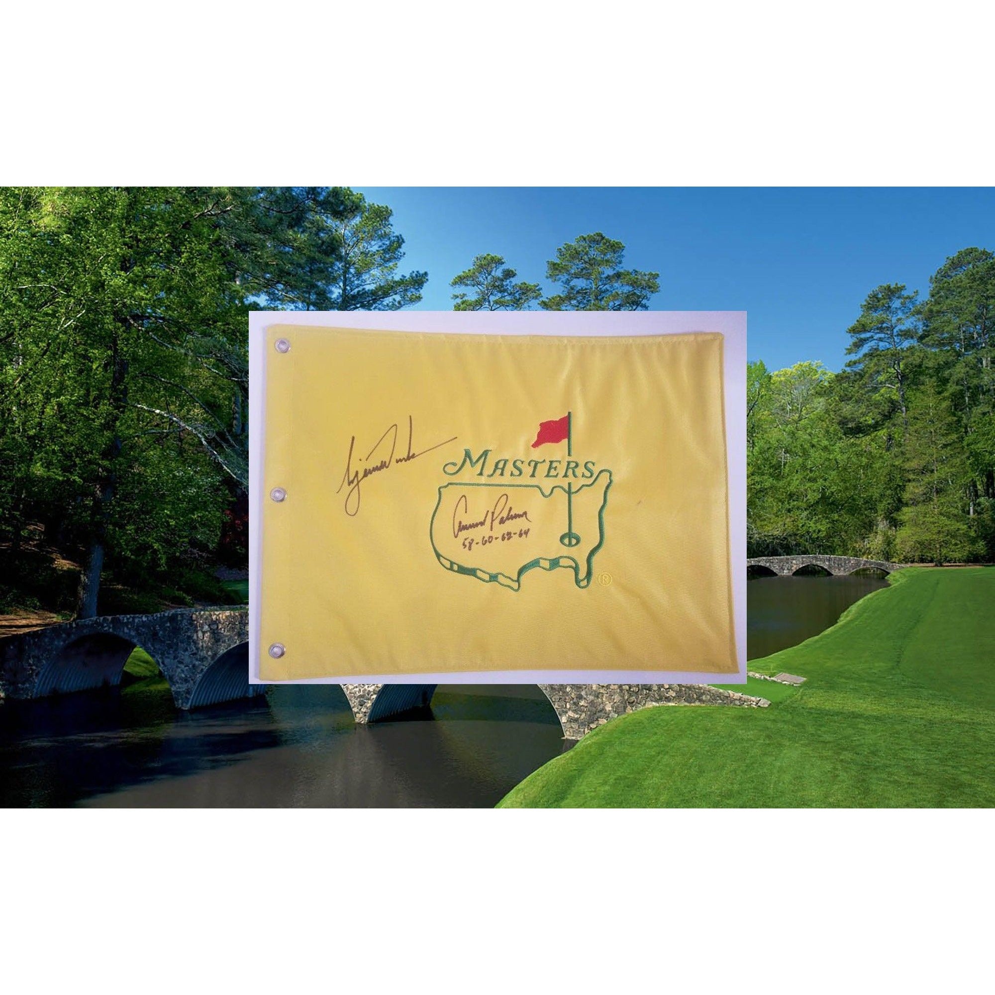 Arnold Palmer and Tiger Woods Masters pin flag signed with proof