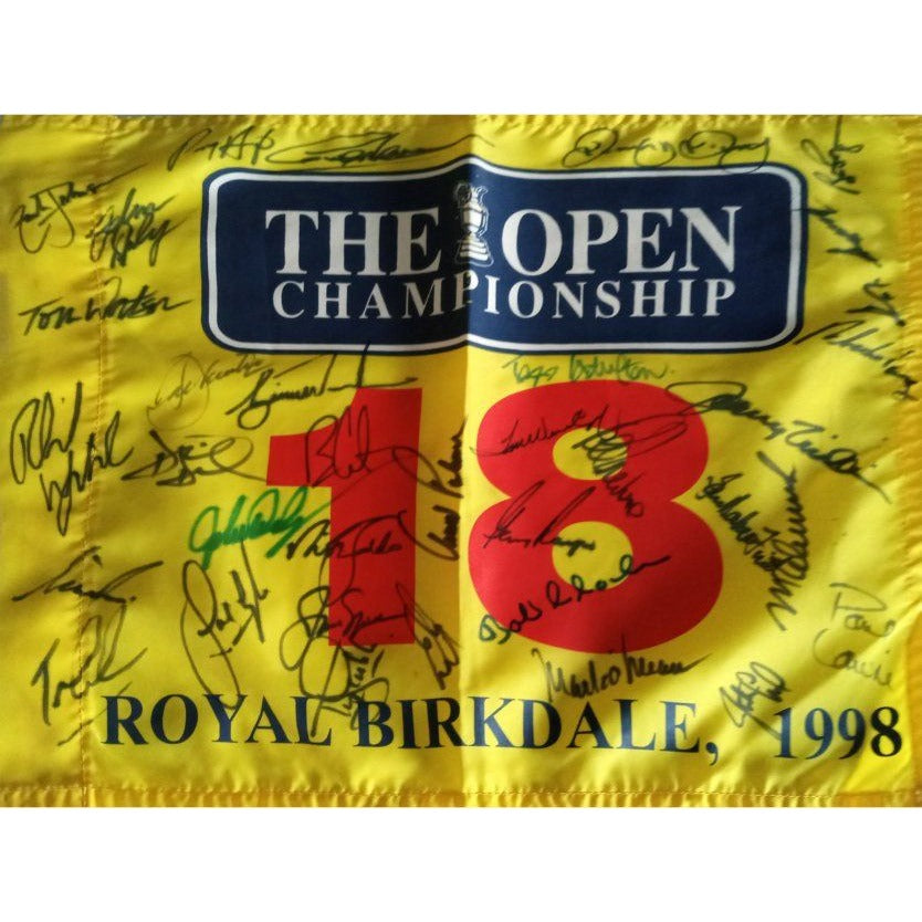 Jack Nicklaus Phil Mickelson Arnold Palmer Tiger Woods Open Champion Signed flag with proof
